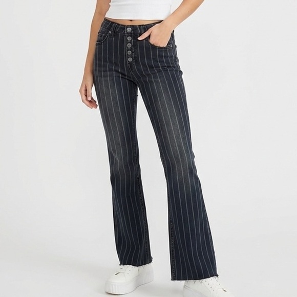 Rock & Roll Cowgirl Denim - Rock & Roll Cowgirl Striped High Rise Flare Jeans 27x36 Pinstripe Button Fly